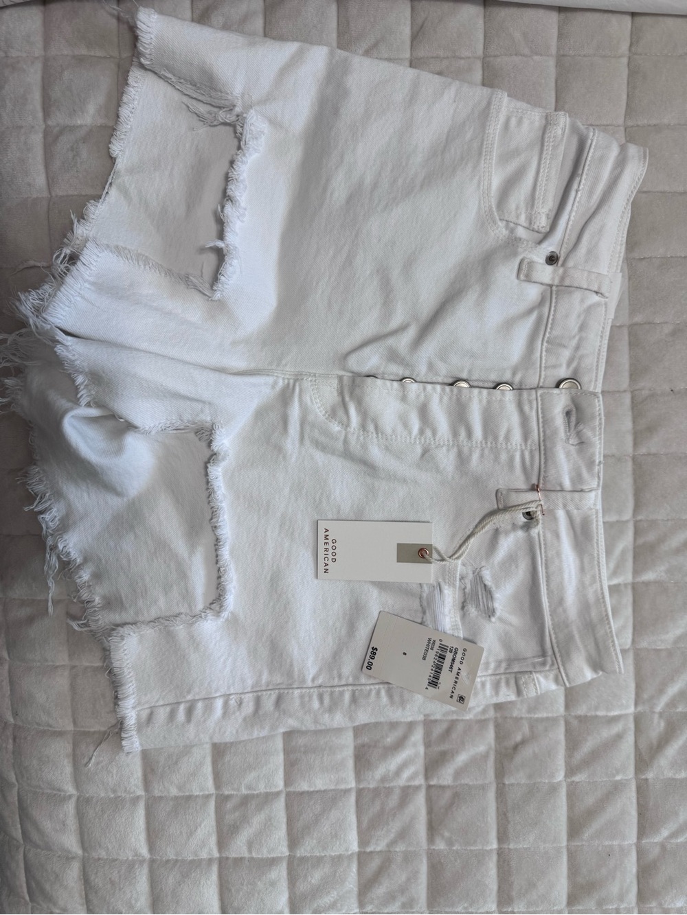 Good American White Denim Shorts with Branded Waist Tag